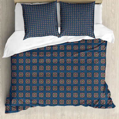 Obrázok produktu pre ABAKUHAUS Boho obliečka na perinu, inšpirovaná Talaverou, štvorce s bodkami a kvetmi, 200 x 200 cm + 80 x 80 cm, koralová tmavomodrá
