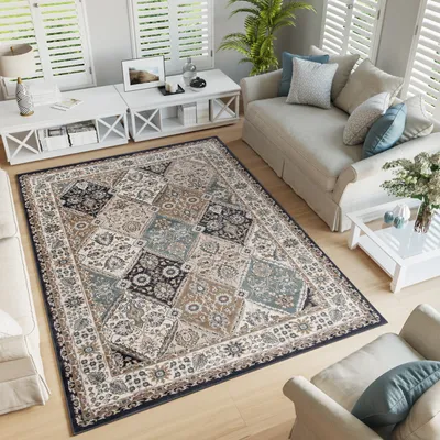 A living room scene with a rug, sofa, coffee table, and shutters.