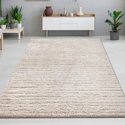 Produktbild von Moderner Teppich Beige Linienmuster weich robust für Wohnräume Größe - 160 x 230 cm
