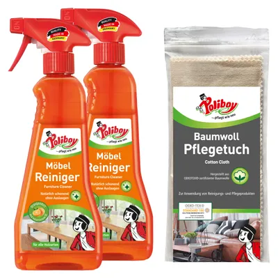 Produktbild von Poliboy 2er Möbel Intensiv Reiniger für alle Holzarten + Baumwolltuch - schnelle und einfache Reinigung und Pflege - 3437501