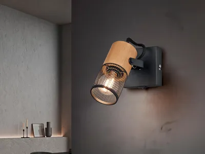 Produktbild von Schwenkbarer LED Wandstrahler - Spotleuchte Metallgeflecht Gitterlampe mit Holz