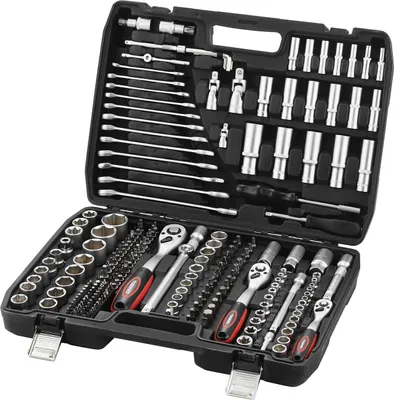 A black plastic tool case filled with various metal tools, including sockets, ratchets, and extensions.