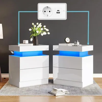 Imagen del producto de Conjunto de 2 mesitas de noche de 58x40x35 cm, con iluminación LED, estación de carga, 2 cajones, color blanco