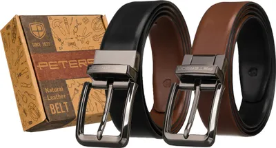 A product shot of two belts and their packaging.
