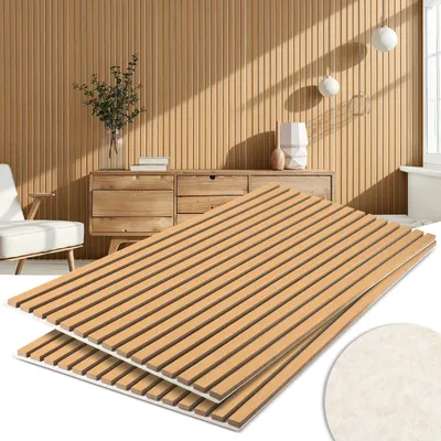 Zdjęcie produktu dla Panele akustyczne ścienne Ikodm, wymiar 120x60 cm, dąb, beżowy filc, MDF, powłoka UV, 2 sztuki