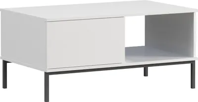 A white coffee table with a drawer and an open shelf, supported by thin gray legs, is shown against a white background.