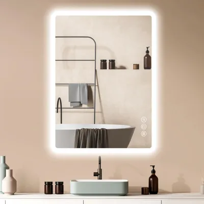 Produktbild von Badspiegel-mit-Beleuchtung 80x60cm - Badezimmerspiegel LED Badezimmer Spiegel mit Beleuchtung, Touch-Schalter, Dimmbar, 3 Lichtfarben, Wandspiegel