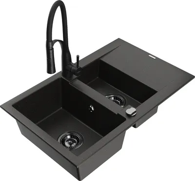 Produktbild von Mexen Gaspar 1,5-Becken-Granitspüle mit Abtropffläche und Mischbatterie Aster, Schwarz/Gold metallisch - 6507-75-73450-70-B