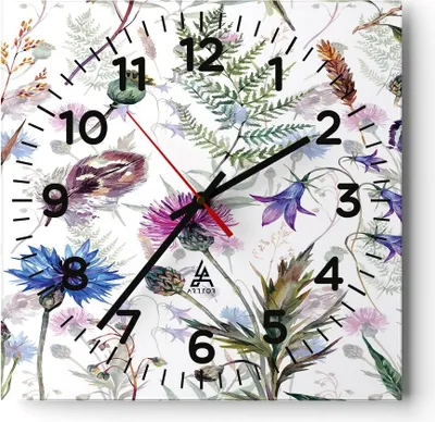 Produktbild von Wanduhr - Quadrat - Glasuhr - Blume Wiese Natur - 40x40cm - Schleichendes Uhrwerk - Lautlos - zum Aufhängen bereit - Dekoration Modern - Wanddekoration aus Glas - C4AC40x40-3838