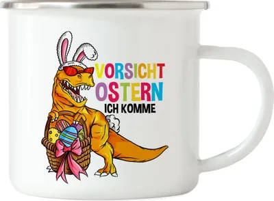 Produktbild von Vorsicht Ostern ich komme Emaille Tasse Dino Dinosaurier Ostergeschenk T-Rex