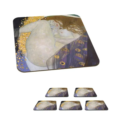 Obrázok produktu pre MuchoWow® Sklenený podtácek Štvorcová sada 6 kusov Danaë - obraz, Gustav Klimt 10x10x0.3cm Podložky pod poháre - podložky pod nápoje - ochrana