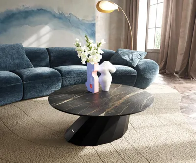Produktbild von DELIFE Couchtisch Edge Rund 90x90 cm Keramik Laminam® Noir Desir Braun Parabi Metall Schwarz