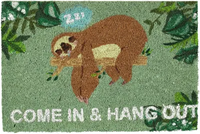 Produktbild von Relaxdays Fußmatte Kokos "Come In & Hang Out", Faultier-Motiv, Türmatte außen & innen, Kokosmatte 60x40 cm, grün/braun