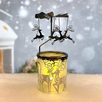 Produktbild von Metallischer rotierender Kerzenständer – drehbare Theelichthouder Karussell – skandinavisches Elch – versilberte Weihnachtsdekoration – 15,5 cm