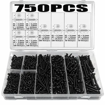 Immagine prodotto di Assortimento di 750 viti autofilettanti per lamiera, testa tonda, nere, diametro 2,5–4,0 mm