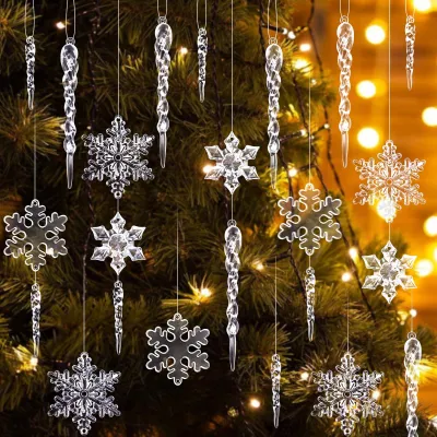 32 Acryl-Weihnachtsanhänger: Eiszapfen & Schneeflocken, transparent