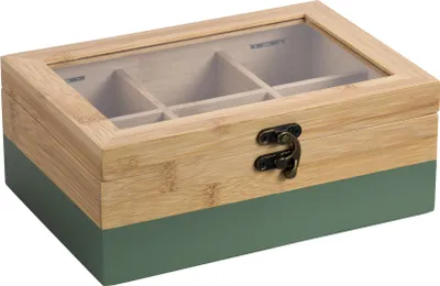 Produktbild von KESPER Teebox Bambus – 6 Fächer – grün mit Sichtfenster & Metallverschluss – 21,5 x 15 x 8,5 cm – Teekiste, Teeaufbewahrung, 58941