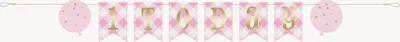 Immagine prodotto di Ghirlanda per il primo compleanno con motivo a quadretti Vichy rosa in carta stagnola