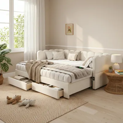 Produktbild von okwish Daybett Polsterbett 90x190 Ausziehbett mit Stauraumschubladen USB Typ-C Schlafsofa Gästebett Beige Leinen -ohne Matratze