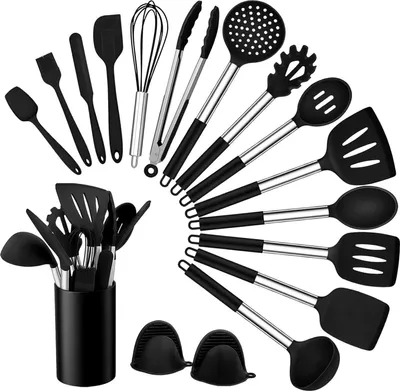 Produktbild von Küchenhelfer Set 17-teilig Silikon Kochutensilien Edelstahlgriff Schwarz