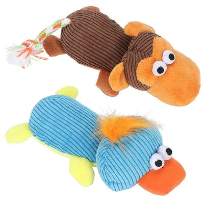 Image de Lot de 2 jouets à mâcher qui couinent pour chiens, canard en peluche tout doux, singe, jouets sonores
