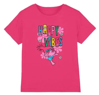 Obrázek produktu pro Tričko "Happy Vibes" od značky Trolls, vyrobené z jemné prstencové bavlny, model TV35116 (velikost 152-158), sytě růžové barvy