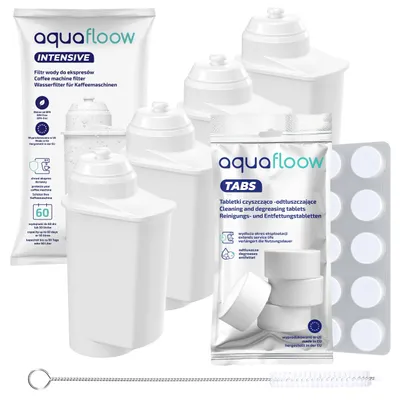 Produktbild von AquaFloow Set für Siemens Kaffeevollautomaten: 4x Wasserfilter, Entkalkungstabletten und Reinigungsbürste