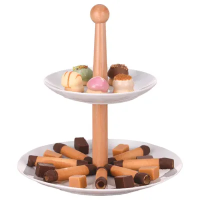 Immagine prodotto di Piatto in porcellana con manico in legno per dolci, torte, frutta - 2 livelli