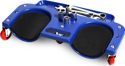 A blue mechanic's creeper with black knee pads and red wheels, holding tools in a tray.