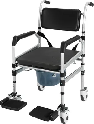 Produktbild von Höhenverstellbarer Toilettenstuhl für Senioren mit Rollen, Toilettenrollstuhl Duschstuhl Klappbar Nachtstuhl mit Armlehnen und klappbarer Fußstütze, für Behinderte, Senioren