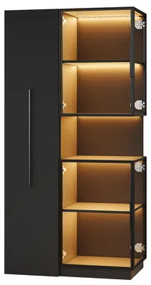 Produktbild von Vitrinenschrank 70×38×160 cm, Schwarz, mit Ausziehregal, Doppelglas und LED-Beleuchtung