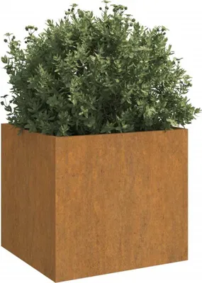 A square planter made of corten steel filled with a green plant.