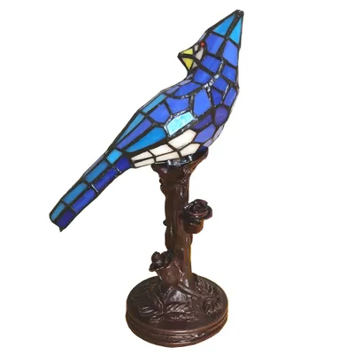Zdjęcie produktu dla Clayre & Eef Tiffany Lampa stołowa Bird 15x12x33 cm Niebieski polyresin