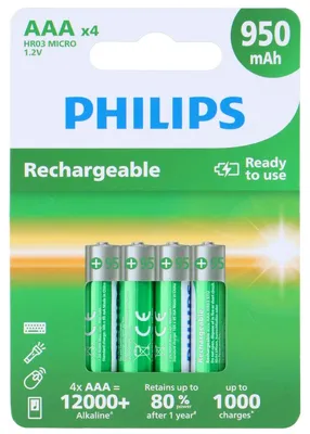 Productafbeelding van Philips Oplaadbare AAA Batterijen - HR03 Mignon NiMH Oplaadbare Batterij - 950mAh Capaciteit - 1.2V - Set van 4 Stuks - Tot 1000 Keer Herlaadbaar - Milieuvriendelijk - Groen