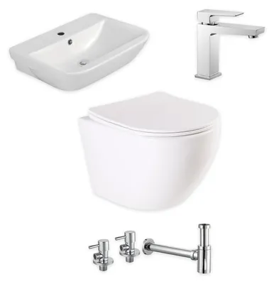 Produktbild von sanicomfort Gästebad Komplettset Weiß – Waschtisch 60 cm, spülrandloses WC Aliki mit Softclose, Armatur Malaga Chrom, Designsiphon & Eckventile