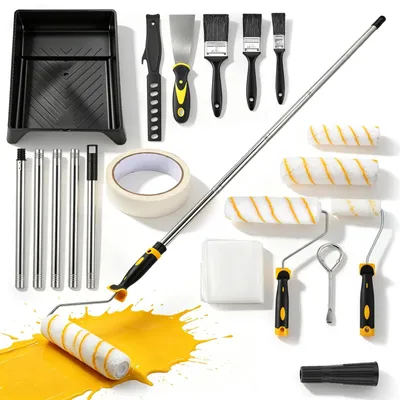 Produktbild von Farbroller Set - Malerroller Set - Mikrofaser Bezüge - Stahl Teleskopstange - Farbwanne - Für Wände und Decken - Schwarz