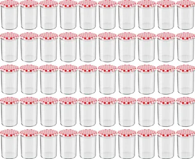 Produktbild von WELLGRO Einmachgläser mit Schraubdeckel - 435 ml, 8,5 x 12 cm (ØxH), Glas / Metall, rot karierte Deckel To 82, Gläser  Germany, verschiedene Mengen wählbar