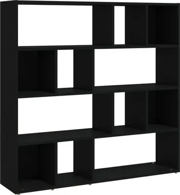 A black bookshelf with multiple compartments against a white background.