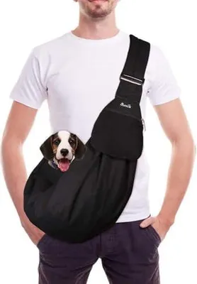 Produktbild von SlowTon Hundetragetasche, Haustier Hundetasche mit verstellbarem, gepolstertem Schultergurt und Fronttasche Tragetasche Hund für Spaziergang (Schwarz-Wasserdicht, M(Für Haustiere2,7-5,4 kg))