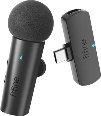 A black wireless lavalier microphone and its USB-C receiver are displayed against a white background.