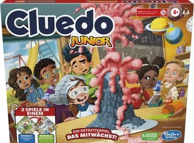 The image shows the box of the Cluedo Junior board game, featuring cartoon children and a science experiment.