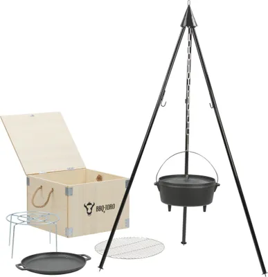 A Dutch oven set with accessories and a wooden box, displayed against a white background.