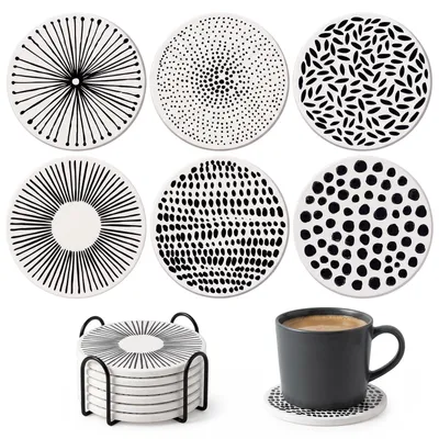 Keramik-Untersetzer-Set 6er, rund, saugfähig, schwarz