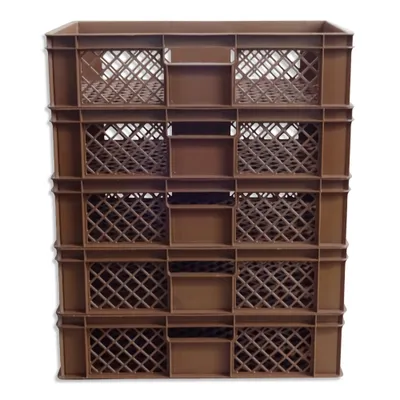 A stack of brown plastic crates on a white background.