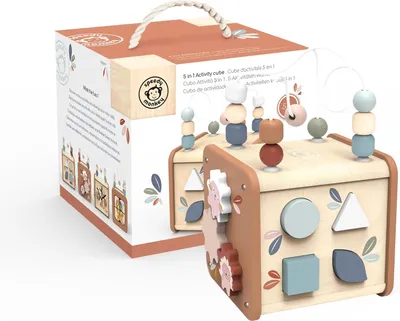 Productafbeelding van 1 activiteitenkubus - Educatief houten speelgoed met kraaldoolhof - Vormsorteerder - Tandwielen - Puzzel en meer - Ontwikkelt sociale