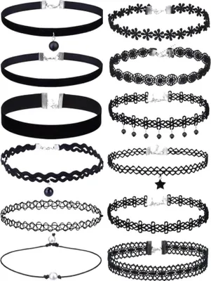 Produktbild von 12er Set Choker-Halsketten aus Spitze in Schwarz mit verstellbarer Länge und silbernen und goldenen Verlängerungen