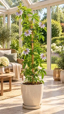 Produktbild von Passionsfrucht Cooltropics® ‘Eia Popeia’® – winterharte Passionsblume, essbare Früchte, Kletterpflanze – 40–60 cm inkl. Topf