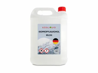 Produktbild von Ecoliquid Isopropylalkohol 99,9% IPA, 5 Liter; Entfettet, reinigt, desinfiziert; Einsatzbereiche: Gesundheitswesen, Veterinärmedizin, Haushalt, 3D-Druck, Fahrzeugpflege, Kosmetik, Industrie, KI-generiertes Bild