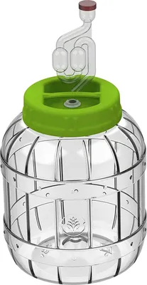 A clear studio shot of a fermentation vessel with a green lid and a clear airlock.