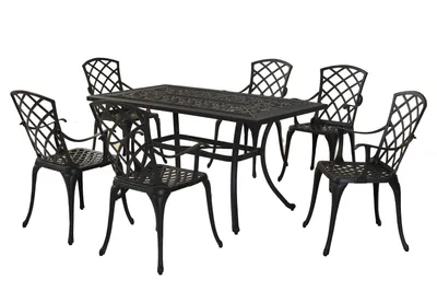 A black metal dining set with a rectangular table and six chairs, displayed on a white background.